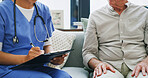 Nurse, hands and writing with old man on sofa for consulting, clipboard or medical advice. Checklist plan, healthcare exam and retirement with senior patent and caregiver in nursing home for support