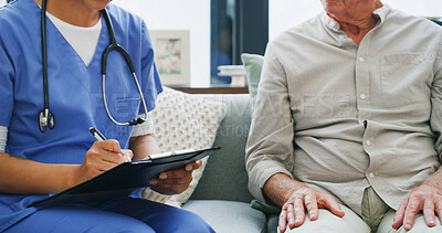 Buy stock photo Nurse, hands and writing with old man on sofa for consulting, clipboard or medical advice. Checklist plan, healthcare exam and retirement with senior patent and caregiver in nursing home for support