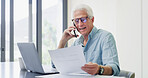 Phone call, laptop and paperwork with old man in home for retirement fund, asset management and credit score. Contact, online banking and pension account report with senior person in apartment