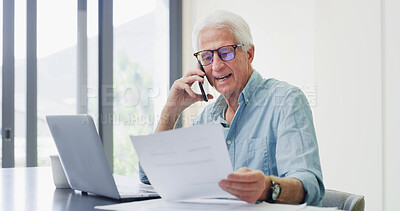 Buy stock photo Phone call, laptop and paperwork with old man in home for retirement fund, asset management and credit score. Contact, online banking and pension account report with senior person in apartment