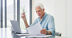 Home, thinking and old man with paperwork, financial planning and debt with retirement fund. Pensioner, decision or person with documents, pc or asset management with insurance policy or savings