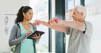 Buy stock photo Senior man, dumbbell or personal trainer with tablet, assessment or muscle training for health. Retirement fitness, people or instructor with tech for strength test, record progress and weightlifting