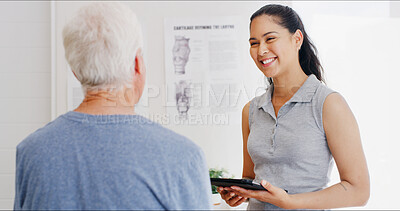 Buy stock photo Woman, physical therapy and senior man with tablet for wellness, rehabilitation and physiotherapy. Healthcare, consulting and person on digital tech with patient for medical service, help or recovery