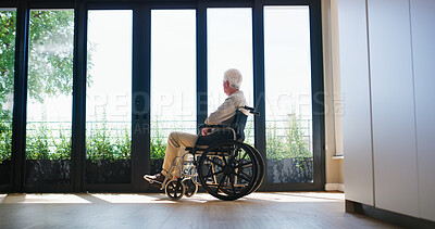 Buy stock photo Wheelchair, senior man and thinking at window with memory, reflection and lonely in home. Retirement, mobility aid and back of elderly person with depression for loss, nostalgic view or mental health