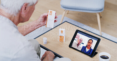 Buy stock photo Tablet screen, video call and old man with medicine, doctor and checkup with information. Conversation, home and senior patient with telehealth, tablets and online consultation with pills and app