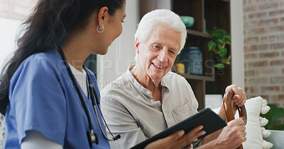 Buy stock photo Old man, caregiver or discussion with tablet in nursing home for wellness, medical feedback or chat. Conversation, elderly person and nurse with tech for health update, online test results or advice.