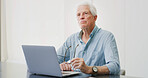 Old man, thinking and laptop in home for retirement planning, pension policy and finance management. Elderly person, reflection and computer for inheritance info, estate preparation and trust fund.