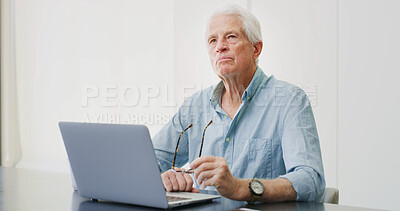 Buy stock photo Old man, thinking and laptop in home for retirement planning, pension policy and finance management. Elderly person, reflection and computer for inheritance info, estate preparation and trust fund.