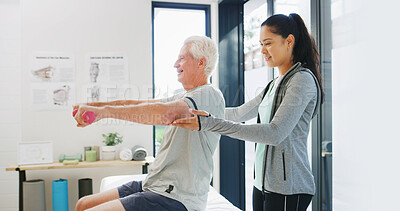 Buy stock photo Personal trainer, old man or dumbbell in office to check physical health, strength test or support. Retirement fitness, instructor and people with weightlifting exercise, wellness assessment and help