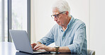 Old man, laptop or research in home for retirement planning, pension policy or finance management. Elderly person, typing or computer with inheritance info, estate preparation and trust fund website.