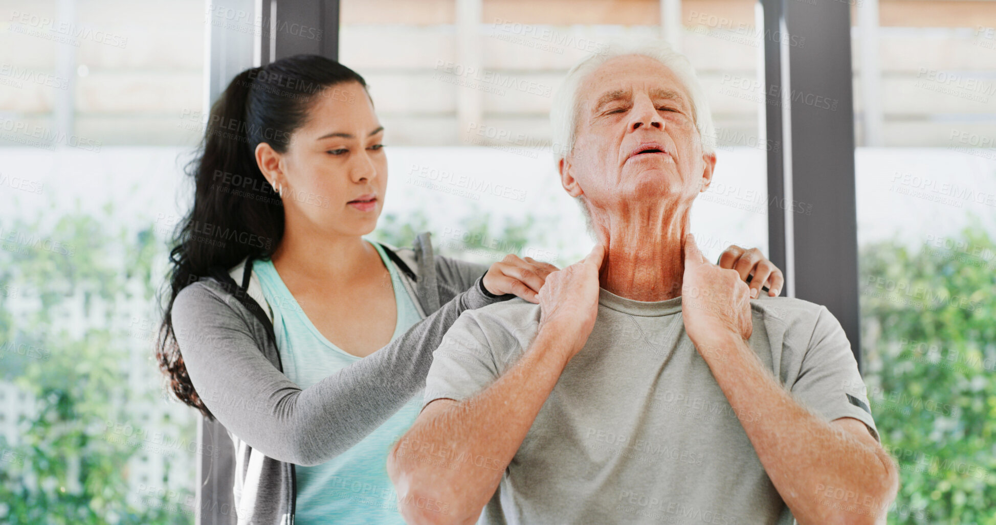 Buy stock photo Physiotherapy, neck pain and consulting with old man in clinic for muscle healing, rehabilitation and injury. Physical therapy, osteoarthritis and recovery with senior patient and woman in office