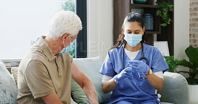 Buy stock photo Nurse, senior man and vaccine in home for medical wellness, virus prevention or immunization. Caregiver, elderly person and prepare injection in living room for healthcare treatment or medicine