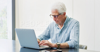 Buy stock photo Typing, laptop and research with old man in home for retirement fund, asset management and credit score. Contact, online banking and pension account report with senior person in apartment for taxes
