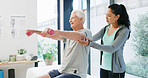 Physiotherapy, dumbbell and support with old man in clinic for muscle healing, rehabilitation and injury. Physical therapy, osteoarthritis recovery and weightlifting with senior patient and woman