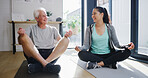 Lotus pose, yoga and woman with father in home for calm, peaceful or relax in morning together. Happy, meditation and female person with senior dad for breathing exercise on mat in apartment.
