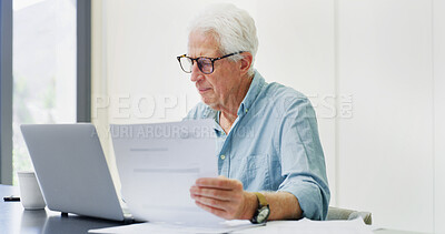 Buy stock photo Documents, laptop and research with old man in home for retirement fund, asset management and credit score. Contact, online banking and pension account report with senior person in apartment