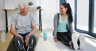 Buy stock photo Physiotherapy, yoga and old man in studio with smile, checkup and workout in rehabilitation. Healthcare, support and coach in gym with exercise mat, injury recovery or prevention in retirement.