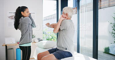 Buy stock photo Old man, stretching and physiotherapy with support for fitness, muscle recovery or rehabilitation. Active, senior person or healthcare worker with arm exercise, physical therapy consultation or care.