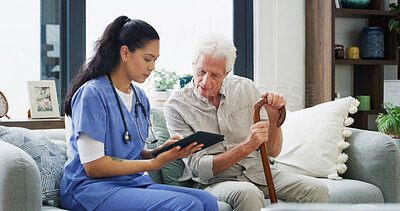 Buy stock photo Nurse, tablet and advice with old man on sofa for consulting, online report and medical help. Digital plan, healthcare exam and retirement with senior patent and caregiver in nursing home for support