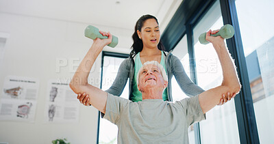 Buy stock photo Personal trainer, old man or dumbbell in office to test physical health, strength check or support. Retirement fitness, instructor or people with weightlifting exercise, assessment or help from below