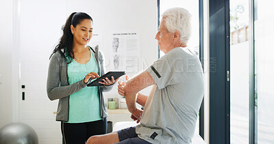 Buy stock photo Pain, physiotherapy and woman on tablet with old man for wellness, support and physical therapy. Health, consulting and person on digital tech with patient for medical service, help and elbow injury