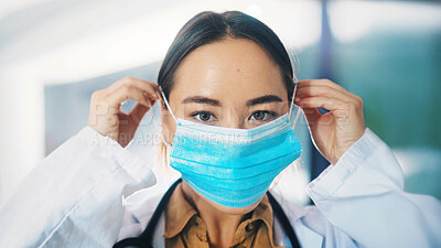 Buy stock photo Portrait, doctor and woman in hospital with mask for healthcare consultation and protection from disease. Medical professional, person and PPE for safety compliance, wellness and spread of infection.