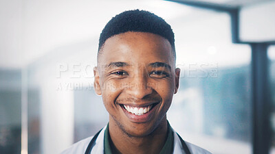 Buy stock photo Portrait, doctor and black man in hospital for support, healthcare and wellness. African person, happy medical professional and smile in health clinic for confidence, about us and service in Kenya