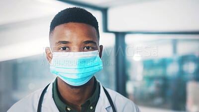 Buy stock photo Portrait, doctor or man in hospital with mask for healthcare consultation or protection from infection. Medical professional, black person or PPE for safety compliance, wellness or spread of disease.