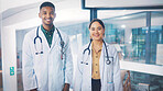 Portrait, doctors and happy people in office for medical services, healthcare or cardiology career. Professional, cardiac health or specialist with smile in hospital, wellness or heart care physician