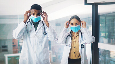 Buy stock photo Portrait, doctor and people in hospital with mask for healthcare consultation and protection from Covid. Medical professional, team and PPE for safety compliance, wellness and spread of coronavirus.