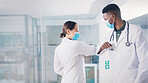 Medical, face mask or people in hospital with elbow bump, greeting or regulation in virus protection. Healthcare, hello or doctor in clinic with gesture, Covid 19 or social distance in pandemic rules