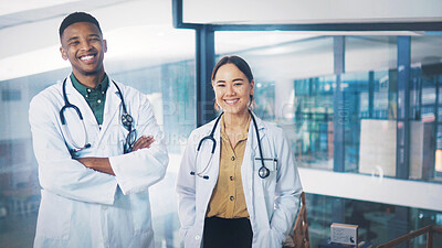 Buy stock photo About us, healthcare and portrait with doctors in hospital together for collaboration or trust. Confident, happy and smile of medicine professional people in clinic for appointment or insurance