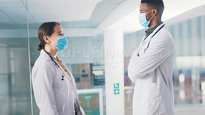 Buy stock photo Medical, student doctors and speaking for healthcare collaboration, knowledge sharing or advice. Case discussion, internship or people with masks for teamwork, planning clinical diagnosis and helping