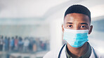 Portrait, man and doctor with face mask at hospital for protection, medical procedure and ppe. Male surgeon, disposable and equipment for contamination control, healthcare risk and hygiene compliance