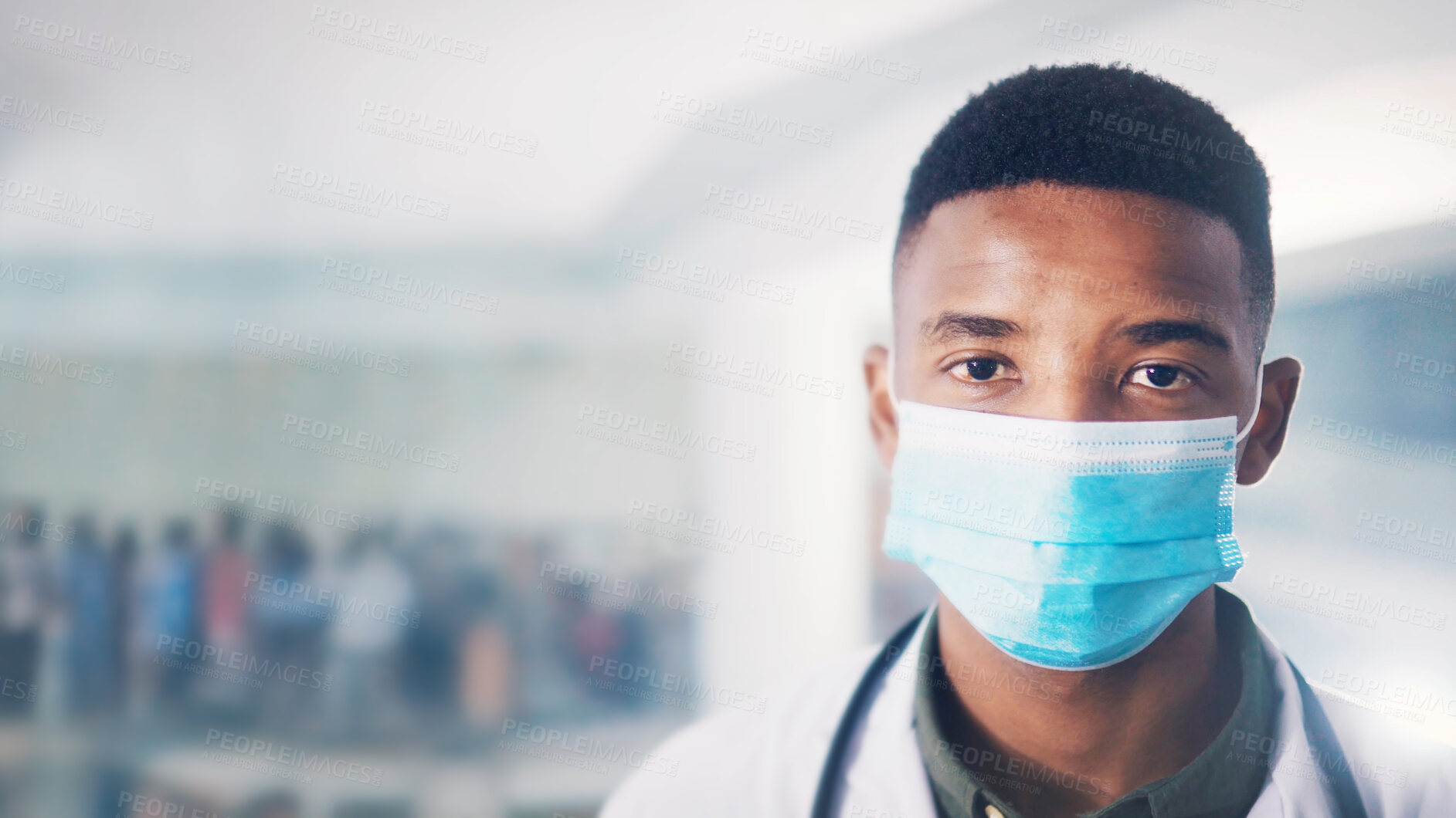 Buy stock photo Portrait, man and doctor with face mask at hospital for protection, medical procedure and ppe. Male surgeon, space and equipment for contamination control, healthcare risk and hygiene compliance
