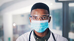 Portrait, black man and doctor with goggles at hospital for eye protection, medical procedure and ppe. Surgeon, safety glasses and face mask to control disease, healthcare risk and hygiene compliance