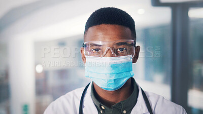 Buy stock photo Portrait, black man and doctor with goggles at hospital for eye protection, medical procedure and ppe. Surgeon, safety glasses and face mask to control disease, healthcare risk and hygiene compliance