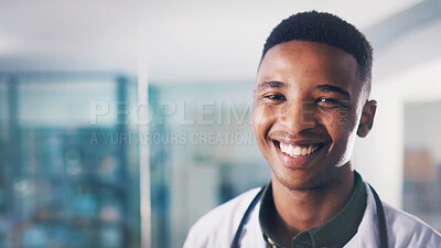Buy stock photo Portrait, doctor and black man in hospital for healthcare, support and wellness. African person, happy medical professional and smile in health clinic for confidence, about us and space in Kenya