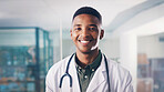 Portrait, doctor or black man with smile in office, medical services or healthcare career in cardiology. Professional, cardiac health or happy specialist in hospital, wellness or heart care physician