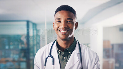 Buy stock photo Portrait, doctor or black man with smile in office, medical services or healthcare career in cardiology. Professional, cardiac health or happy specialist in hospital, wellness or heart care physician