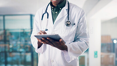 Buy stock photo Tablet, man and hands of doctor in hospital with medical research for diagnosis or treatment plan. Technology, professional and male healthcare worker with online communication for email in clinic.