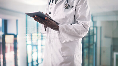 Buy stock photo Tablet, man and hands of doctor in hospital with medical research for diagnosis or treatment plan. Digital technology, contact and male healthcare worker with online communication for email in clinic