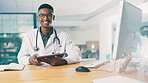Tablet, notebook and portrait of doctor in hospital with medical research for treatment planning. Digital technology, information and African male healthcare worker with online diagnosis in clinic.