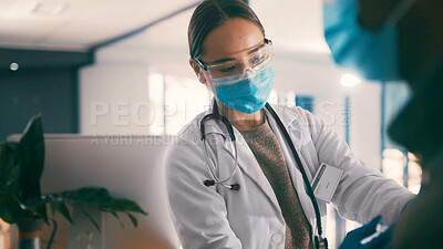 Buy stock photo Consulting, face mask or healthcare with doctor and patient in hospital for appointment or injection. Goggles, ppe and safety with medical professional woman in clinic for cure, shot or vaccine