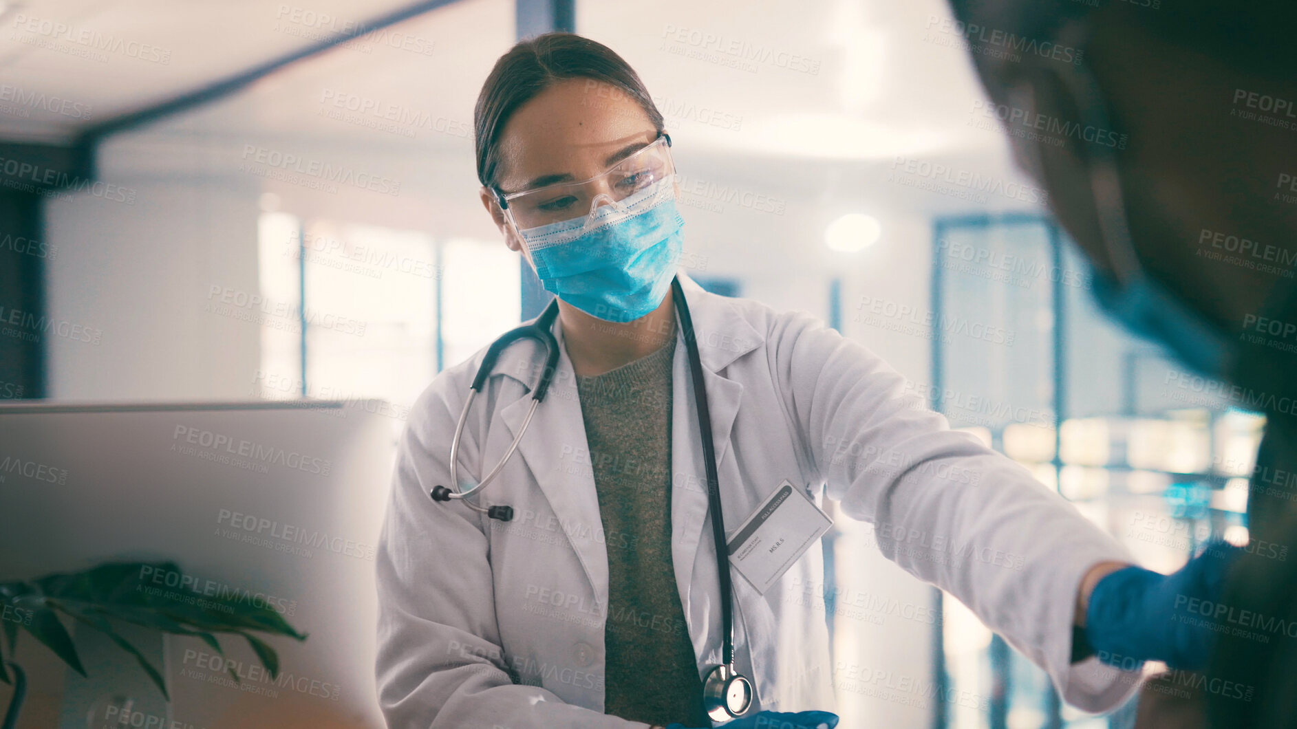 Buy stock photo Face mask, healthcare or ppe with doctor and patient in hospital for appointment or injection. Consulting, goggles and safety with medical professional woman in clinic for cure, shot or vaccine