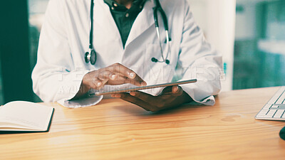 Buy stock photo Doctor, hands and research with tablet for healthcare service, telehealth or checklist in hospital. Closeup, employee or cardiologist with technology or scroll for medical or health study in clinic