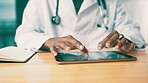 Doctor, hands and tablet with screen for medical research, telehealth or research in hospital. Closeup, employee or healthcare worker with technology display or notebook for health service or study