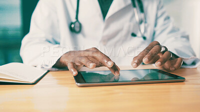 Buy stock photo Doctor, hands and tablet with screen for medical research, telehealth or online app in hospital. Scroll, employee or healthcare worker with technology display or notebook for health service or study