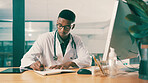 Computer, healthcare and writing with doctor black man at desk in hospital for results review. Medical, notebook and research with medicine professional in office at clinic for agenda or schedule
