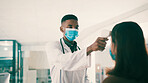 Digital thermometer, doctor and patient in office, examine symptoms and temperature for diagnosis. Medical exam, health assessment and physician with vital signs check, people and face mask for care.